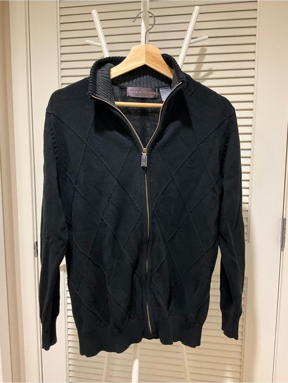 Oscar de la Renta Cotton Black Full-Zip Diamond-Knit Sweater